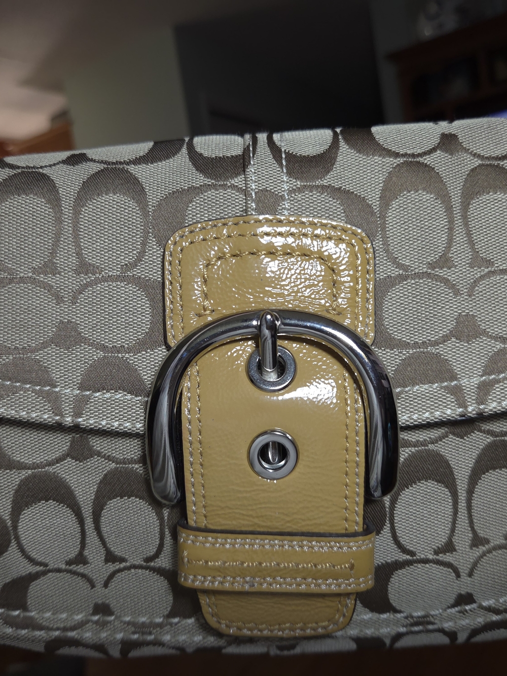 Vintage Coach Signature Canvas Shoulder Bag with Yellow Patent Leather Trim